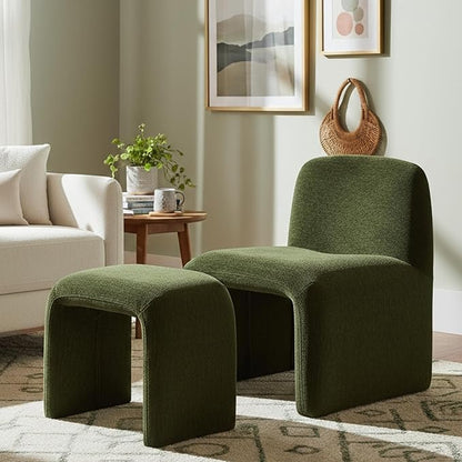 Accent Reading Chair with Ottoman, Chenille Upholstered Comfy Armless Accent Chair with Footrest Modern Side Lounge Chair for Living Room Bedroom, Moss Green
