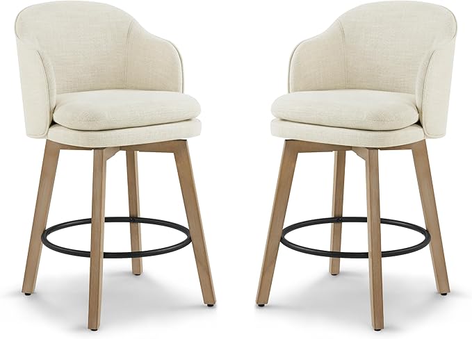 Counter Height Barstools 26 inch Upholstered Swivel Bar Stools with Back and Wood Legs for Kitchen Island,Set of 2,Linen Fabric