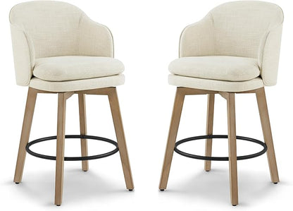 Counter Height Barstools 26 inch Upholstered Swivel Bar Stools with Back and Wood Legs for Kitchen Island,Set of 2,Linen Fabric