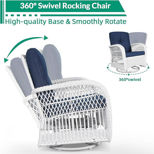 VIVIJASON 3-Piece Patio Conversation Bistro Set, Outdoor Swivel Glider Rocking Chairs Rattan Furniture Set w/ 2 Rattan Chairs, Glass Top Side Table for Porch Backyard, White - Navy Blue