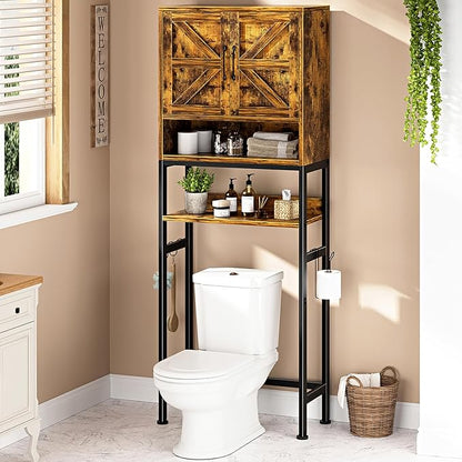 Over The Toilet Storage Cabinet - Bathroom Shelves Above Toilet Freestanding Organizer Shelf with Doors Narrow Floor Stand Rack Farmhouse Wood 71" Tall, Rustic Brown