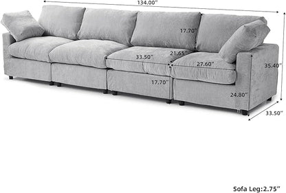 WJShome Modern Sectional Sofa 134 Inch 4-Seater Cloud Couch with Chenille Deep Seat Couches for Living Room, Bedroom and Apartment，Gray