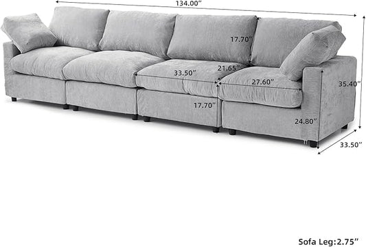 WJShome Modern Sectional Sofa 134 Inch 4-Seater Cloud Couch with Chenille Deep Seat Couches for Living Room, Bedroom and Apartment，Gray