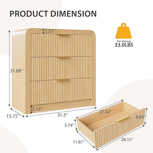 Fluted 3 Drawer Dresser, 31.8'' Tall Dresser for Bedroom, Modern Wood Chest of Drawers with Round Edge & Metal Handle, Large Nightstand with 3 Drawers for Living Room, Hallway, Entryway (Natural Oak)
