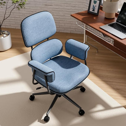 Blue Desk Chair with Wheels and Wide Arms, Soft Granular Linen Fabric Office Chair, Mid Back Vintage Comfy Home Office Desk Chairs with Molded Cotton Seat Cushion, Adjustable Height