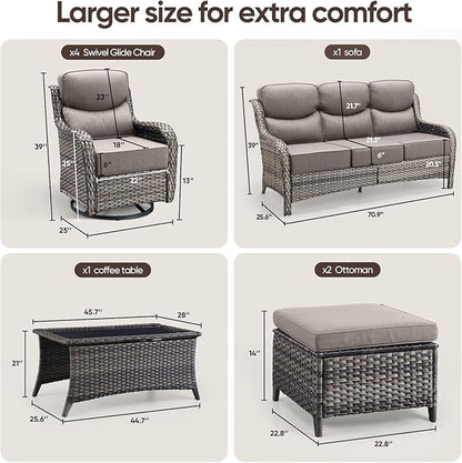 Swivel Patio Chairs sofa Set of 8 with 6" Thick Cushion - Wicker Outdoor Swivel Rocker Patio Chair ,Sofa/Glass coffee table, High Back Comfortable Outdoor Glider Chairs - Gery Wicker | Gery Cushions