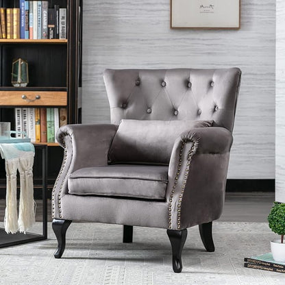 chairus Mid-Century Modern Accent Chair Comfy Tufted Single Sofa Chair Wingback Armchair with Pillow for Club, Living Room, Bedroom - Velvet, Grey