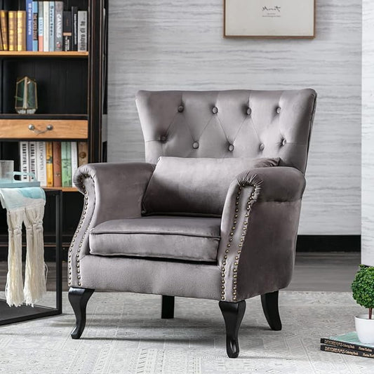 chairus Mid-Century Modern Accent Chair Comfy Tufted Single Sofa Chair Wingback Armchair with Pillow for Club, Living Room, Bedroom - Velvet, Grey