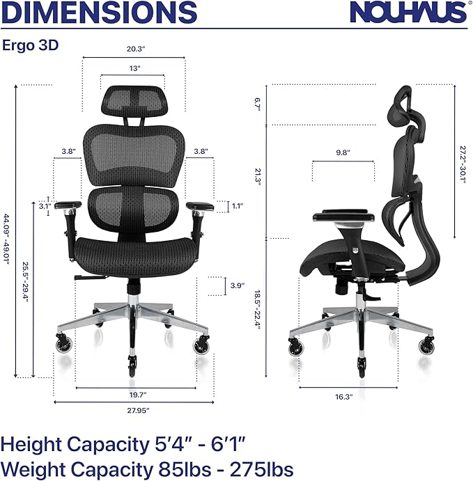Nouhaus Ergo3D Ergonomic Office Chair Lumbar Support Mesh Office Chair with 4D Adjustable Armrest, Adjustable Headrest and Wheels, Mesh High Back Home Office Desk Chairs(Black)