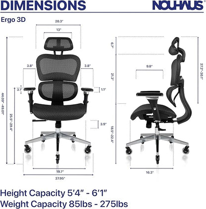 Nouhaus Ergo3D Ergonomic Office Chair Lumbar Support Mesh Office Chair with 4D Adjustable Armrest, Adjustable Headrest and Wheels, Mesh High Back Home Office Desk Chairs(Black)