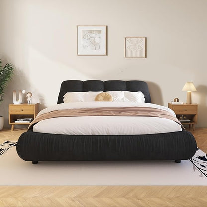 Queen Size Upholstered Platform Bed with Oversized Padded Backrest and Solid Wood Frame for Bedroom, Apartment Room, Black