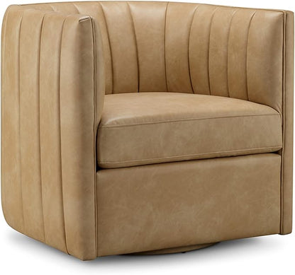 CHERS Rivet Mid-Century Modern Swivel Armchair, Channel-Tufted Faux Leather Accent Chair, 360-Degree Rotating Lounge Chair with Ergonomic Design for Living Room, Bedroom, Home Theater, Nude