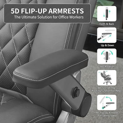 Big and Tall Office Chair with 5D Arms, 600lbs Heavy Duty Desk Chair with Adjustable Lumbar Support, PU Leather High Back Ergonomic Executive Computer Chair with 3'' Silent Casters