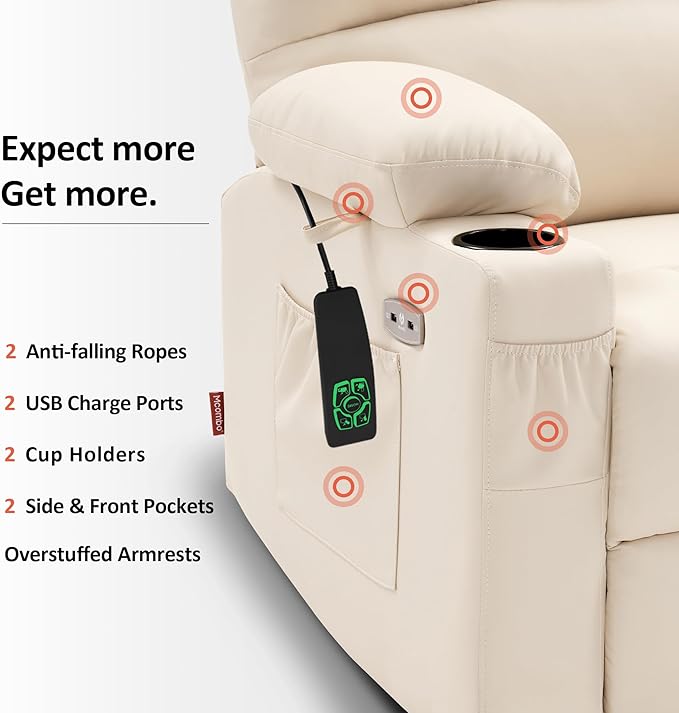 MCombo Medium Lay Flat Dual Motor Power Lift Recliner Chair Sofa with Massage and Heat for Elderly People, Infinite Position, Faux Leather 7679 (Cream White, Medium)