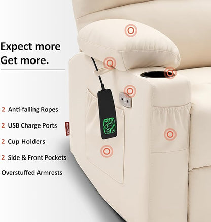 MCombo Large Dual Motor Power Lift Recliner Chair for Elderly, Massage and Heat, Lay Flat, Zero Gravity, Home Button, USB Port, Faux Leather 7680 (Cream White, Large)