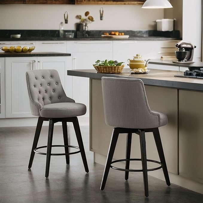 Watson & Whitely Counter Height Bar Stools, Performance Fabric Upholstered Modern Swivel Barstool with Back, Solid Wood Legs, 26" H Seat, Flint Grey
