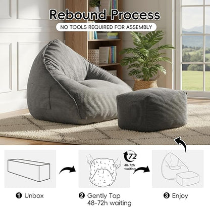 Cloud Bean Bag Chair with Ottoman for Adults, Comfy Corduroy Chaise Lounge Chair with High-Resilience Foam, Oversized Boneless Reading Chair for Bedroom & Living Room