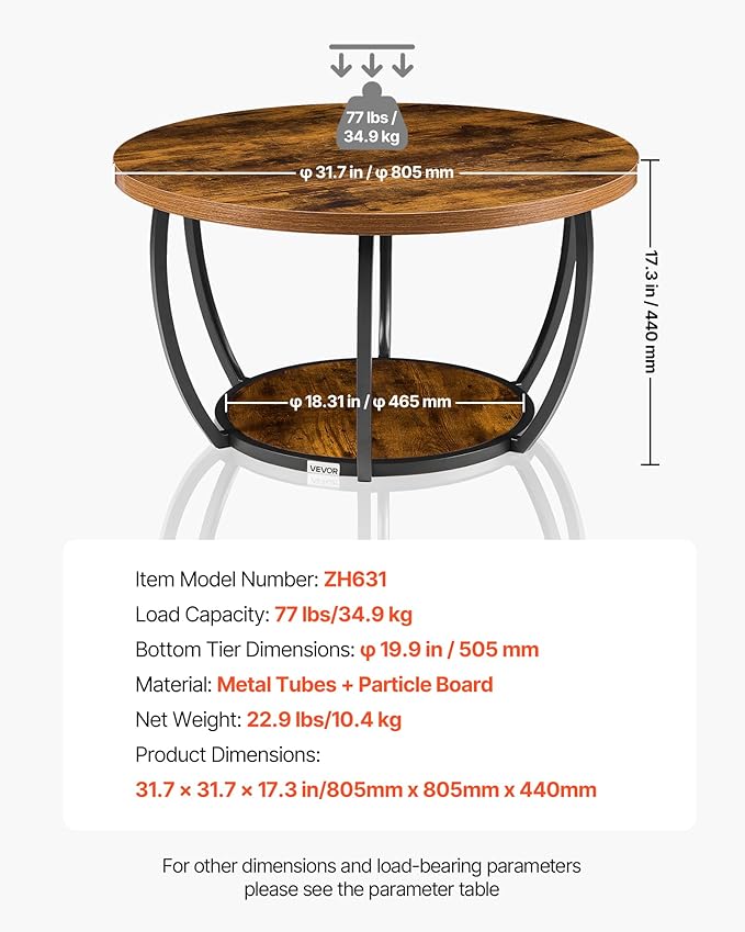 VEVOR Coffee Table, Modern Round Coffee Table, 2 Tiers Wooden Circle Center Desk with Open Storage, Minimalist Sturdy Metal Frame Accent End Desk for Living Room, Office, Easy Assembly, Rustic Brown