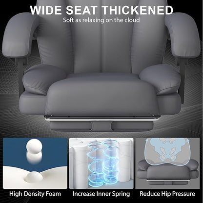 Big and Tall Office Chair, Executive Home Office Desk Chair, Leather Computer Chair with Retractable Footrest, Adjustable Headrest and Reclining Height, Padded Arms, 360°Swivel Free, Wide Seat, Gray