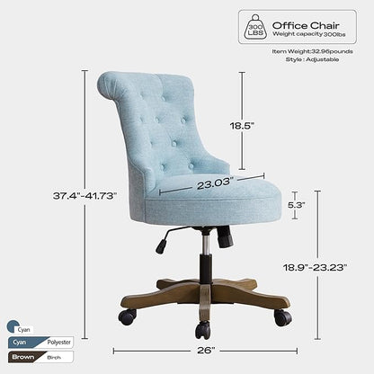 Home Office Chair Adjustable Height Swivel Chair with Wheels Linen Fabric Upholstered Computer Desk Chair with Wooden Legs Comfortable Armless Chair for Home Office Study Studio(Teal)