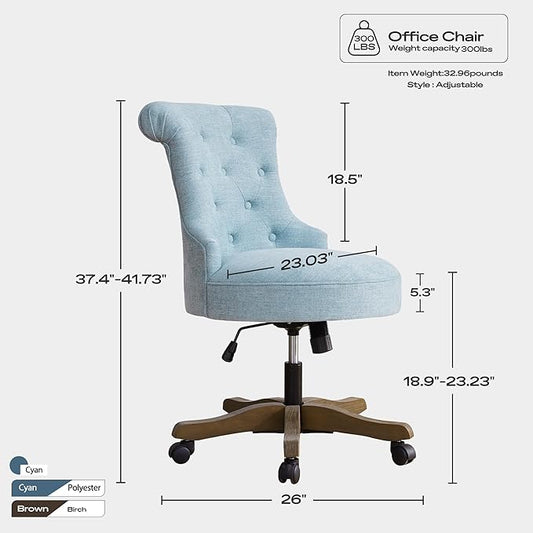 HUIMO Home Office Chair Upholstered Armless Desk Chair with Wheels Adjustable Height Computer Desk Chair with Wooden Legs Comfortable Linen Swivel Chairs for Home Office Study Studio (Teal)