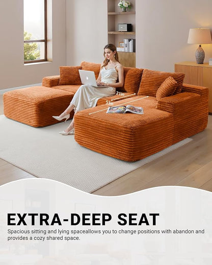 108" Cloud Sectional Couch,Modern Modular Sectional Sofa with Deep Seat,Corduroy Boneless Couches with L-Shape Chaise for Living Room,No Assembly Required (Orange, Right Facing Chaise + Ottoman)