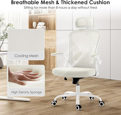 Farini Ergonomic Office Chair, Home Office Desk Chair with Headrest, High Back Computer Chair with Armrests and Adjustable Lumbar Support for Home Office Study Room, White & Beige