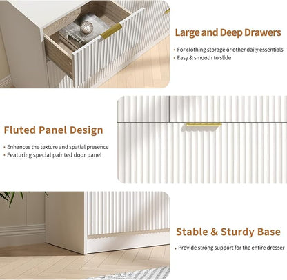 White 7 Drawer Dresser for Bedroom, 55” Wide Fluted Dresser with Gold Handles, Modern Chest of Drawer for Bedroom, Closet, Living Room, Entryway, Hallway, White