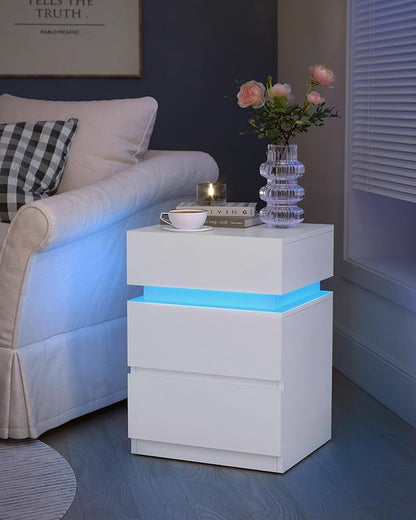 VASAGLE Nightstands with LED Lights, Set of 2, Adjustable Light Colors, Bedside Tables, Side Tables with 3 Drawers, Modern Style, 13.8 x 15.7 x 21.7 Inches, Cloud White ULET799T12