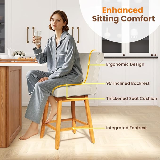 COSTWAY Swivel Bar Stools Set of 4, 27" Counter Height Bar Chairs with Rubber Wood Legs, Upholstered Linen Barstools with Back & Cushioned Seat, for Kitchen Island, Home, Beige