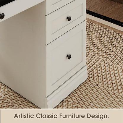60.5" Executive Office Desk, Classic Computer Desk with File Drawer, Keyboard Tray Cabinet Storage, Farmhouse Wood Writing Desk for Home Office or Study, White with Black Desktop