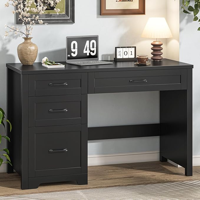 Vabches Farmhouse 47" Executive Desk with File Drawer, Wood Computer Desk with 3 Storage Drawers, Workstation for Home Office, Study, Writing.Black.