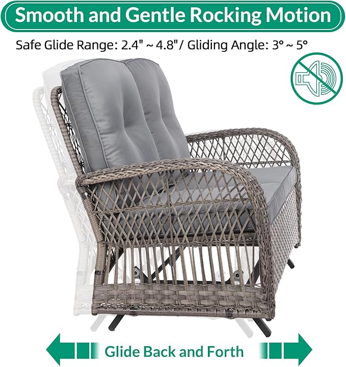 VIVIJASON 2-Piece Patio Wicker Loveseat Glider Set Cushioned, Outdoor Conversation Furniture Sets with 2-Seater Glider Rocking Bench, Coffee Table and Cushions for Porch Garden Poolside, Grey