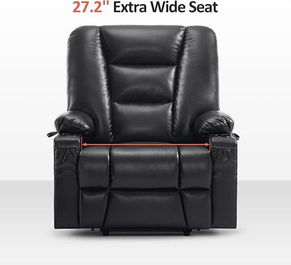 MCombo Oversized Power Lift Recliner Chair with Massage and Heat for Big and Tall Elderly People, Cup Holders, USB Ports, Side Pockets, Faux Leather R7541 (Black, Large-Oversize)