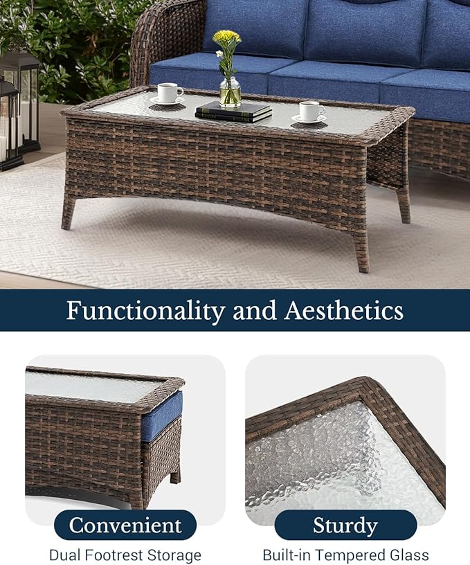 HILLGA Luxury Patio Furniture Set with 6-Inch Thick Cushions, High Back Outdoor Swivel Rocker Chairs and Patio Couch, 10-Piece All Weather Conversation Set for Porch Deck Pool Yard, Blue (V3)