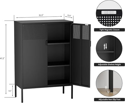 Black Metal Storage Cabinet, Metal Locker Storage Cabinet with Doors and Shelves, 3 Tier Steel Office Storage Cabinet, Metal Sideboard for Home, Office, Kitchen and Coffee Bar