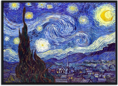 Wieco Art Framed Art Canvas Prints of Starry Night by Vincent Van Gogh Paintings Reproduction Post-Impressionism Artwork Framed Wall Art for Living Room Home Decorations Black