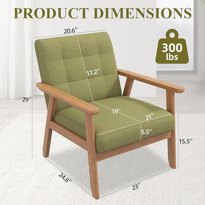 Westice Accent Chair 1PC, Mid-Century Modern Living Room Chairs with Solid Wood Frame & Soft Thicken Cushion, Upholstered Reading Arm Chair for Bedroom, Balcony, Green Linen Fabric & Natural Legs