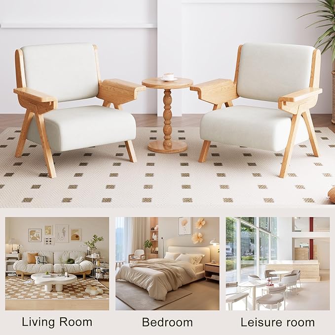 Mid Century Modern Accent Chair Set of 2, Fabric Upholstered Lounge Arm Chairs with Solid Wood Frame for Living Room, Bedroom, Office, Reading Corner(White)