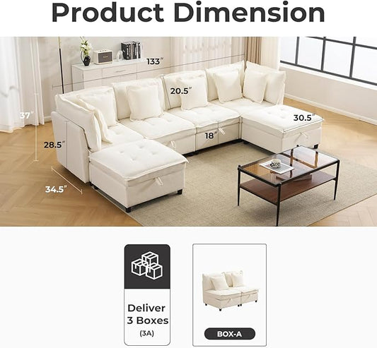 133" Modular Sectional Sofa, Comfy Cloud Couch Sectional Sofa with Large Storage, Chenille Sofa Sleeper Deep Seat Sofa with Throw Pillows for Living Room, U Shaped Sofa, White
