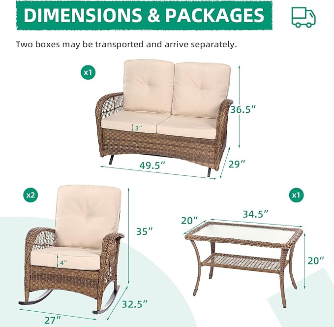 VIVIJASON 4-Piece Outdoor Patio Wicker Conversation Sets, All Weather Outdoor Rattan Furniture Set Includes Glider Loveseat, Coffee Table, 2 Rocking Chairs with Cushions for Backyard, Light Brown