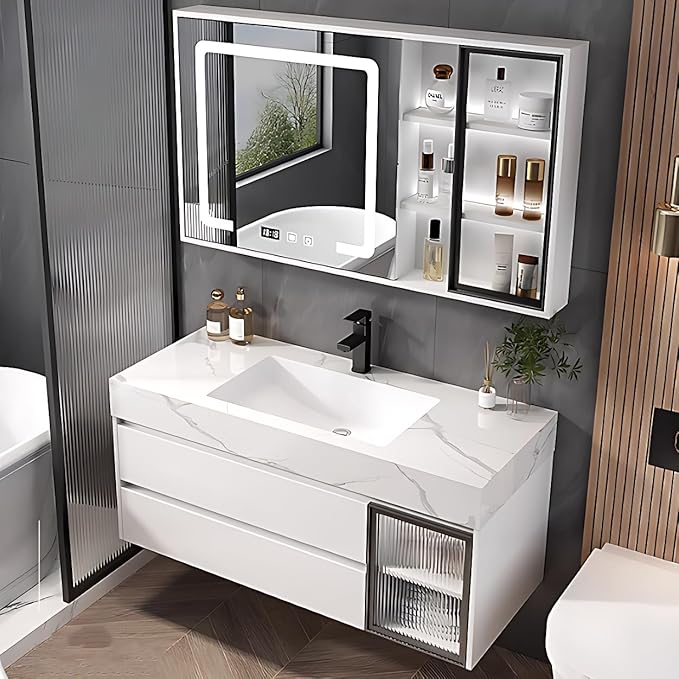 White 28IN Modern Bathroom Vanity - Wall-Mounted Bathroom Storage Cabinet & Bathroom Vanity with Sink, Bathroom Medicine Cabinet Wall Mounted, Defogging & Led Lighting | Bathroom Cabinet Slim