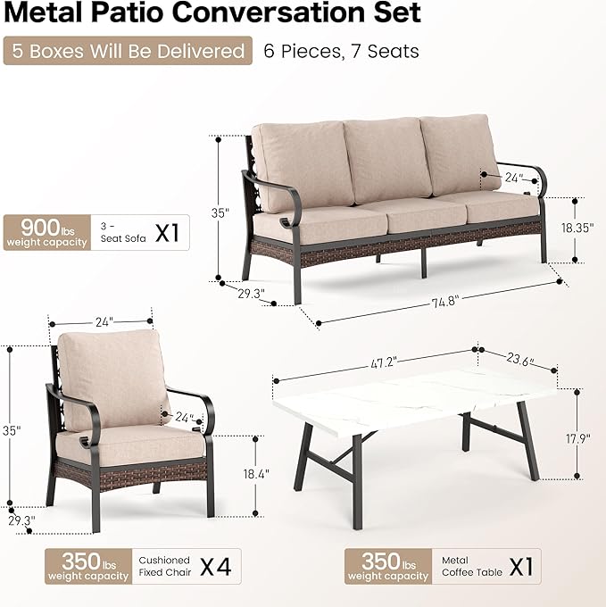 6 Piece Metal Outdoor Patio Furniture Sets, Patio Conversation Sets 1 3-Seater Sofa, 4 Single Sofa with 5.75" Extra Thick Cushion & Coffee Table, Black Frame Backyard Furniture, Beige