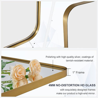 ANDY STAR Gold Bathroom Mirror for Wall, 20x28” Brushed Brass Metal Rounded Corner Rectangle Mirror, Wall Mirror in Stainless Steel Metal Frame, 1" Deep Set Design Hangs Horizontal Or Vertical