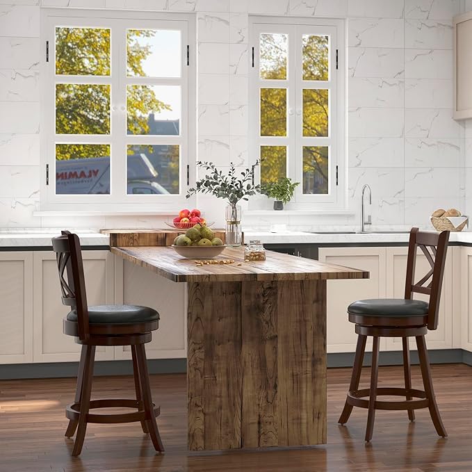 COSTWAY Bar Stool Set of 4 for Kitchen Island, Swivel Upholstered Counter Height Barstools with PU Surface, Rubber Wood Frame, 360° Rotatable Seat, Curved Back, Sturdy Footrest (4, 24" Seat Height)