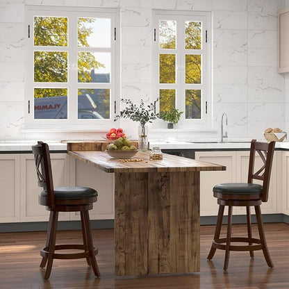 COSTWAY Bar Stool Set of 4 for Kitchen Island, Swivel Upholstered Counter Height Barstools with PU Surface, Rubber Wood Frame, 360° Rotatable Seat, Curved Back, Sturdy Footrest (4, 24" Seat Height)