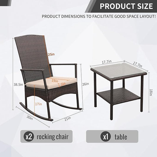 Outdoor Rocking Chair 3 Pieces High-Backed Rocking Chair Patio Rocking Chairs Outdoor Table, Khaki