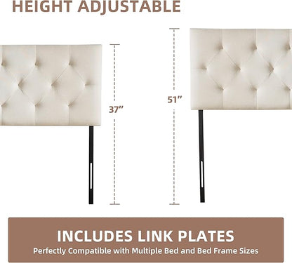 Linen Upholstered Headboard Full Size, Modern Diamond Tufting Solid Wood Full XL Headboard Only, Adjustable Height from 37” to 51” Head Board, Bed Frame or Wall Mount Headboards, Beige