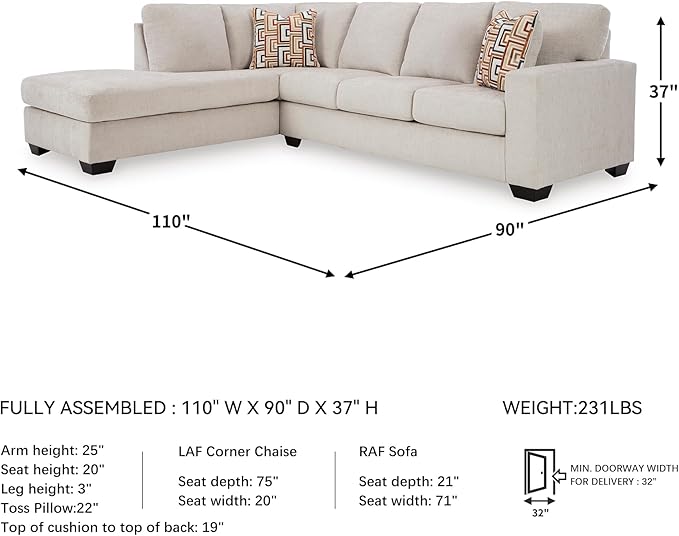Signature Design by Ashley Aviemore Casual L-Shaped 2-Piece Sectional with Chaise and Loose Seat Cushions, Accent Pillows Included, 110" Wide, Light Gray