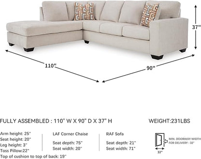 Signature Design by Ashley Aviemore Casual L-Shaped 2-Piece Sectional with Chaise and Loose Seat Cushions, Accent Pillows Included, 110" Wide, Light Gray